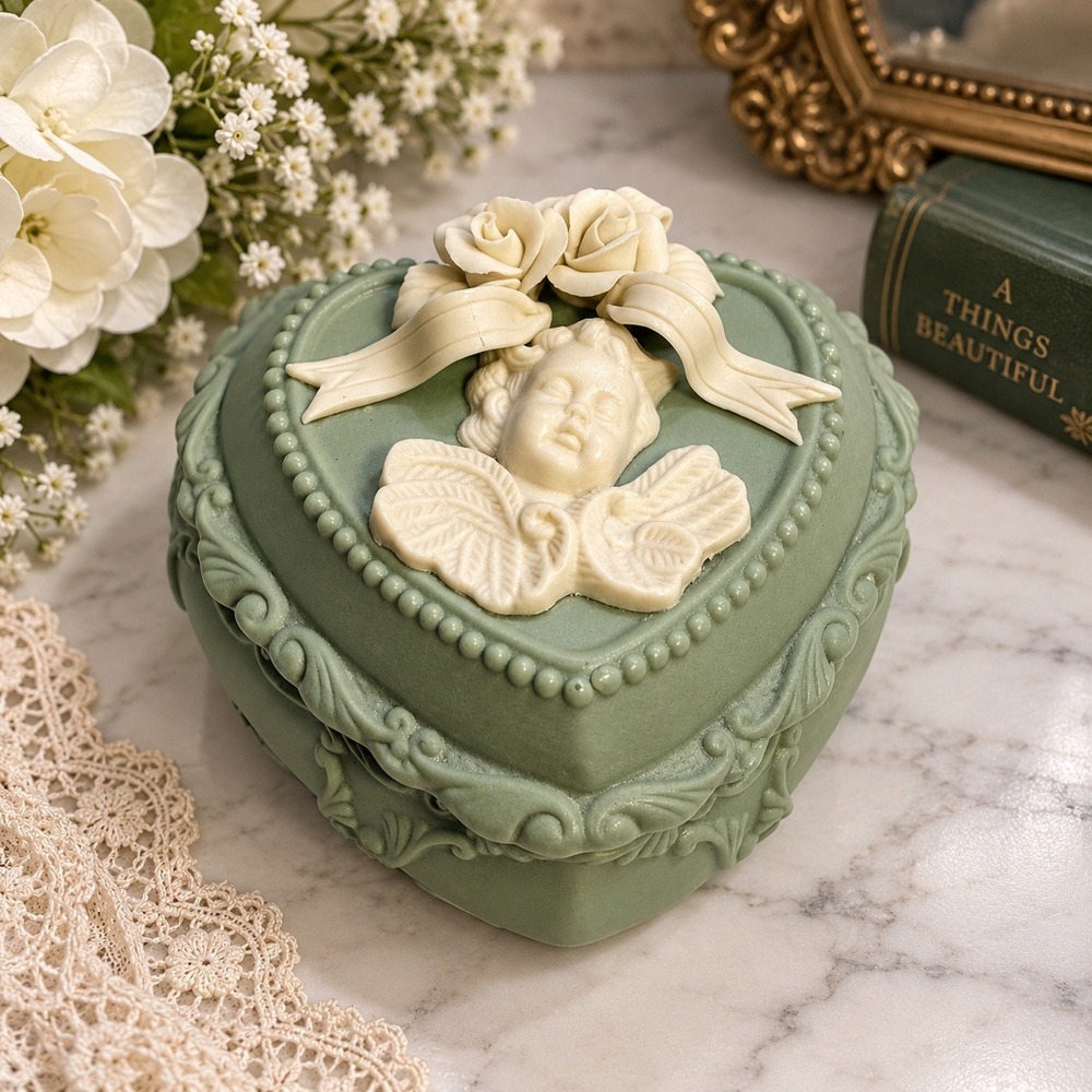 Vintage Style Sage Green Heart Cherub Trinket Box Roses Angel Jewelry Case Cameo